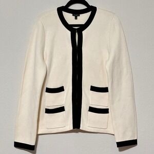 Talbots Off White Black Trim Cashmere Blend Cardigan Sweater Jacket Women L $169